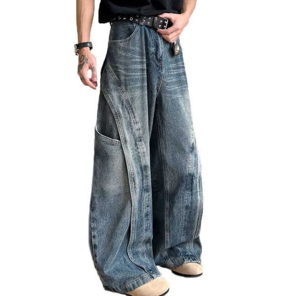Korean Retro Jeans MenS Curved Knife Pants Design Sense Vintage Casual Straight Leg Pants Loose Large Pocket Wide Leg Pants Q260618