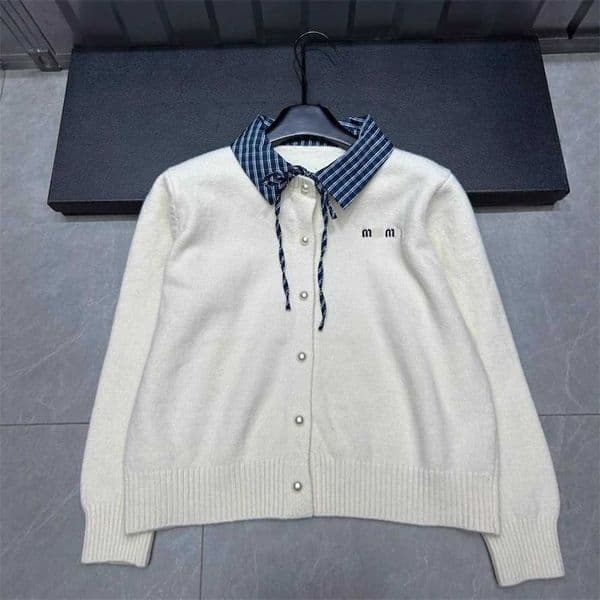 Designer's high-quality clothing plaid shirt collar knitted cardigan sweater jacket for women autumn/winter slim-fit tie-up top