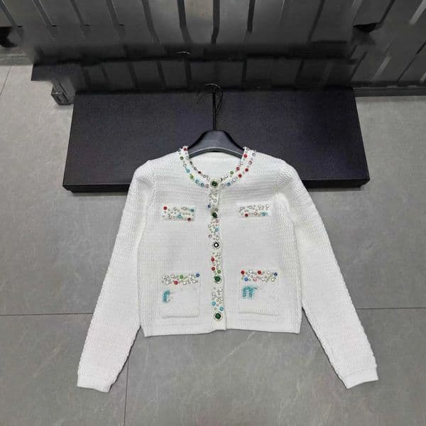 Designer's high-quality clothing Winter New Style Heavy-Duty Colorful Rhinestone Round-Neck Knit Cardigan Youthful Loose-Fit Elegant Versatile Top3ZV3