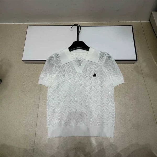 Designer's high-quality clothing Trendy knitted solid color hollow-out lapel short-sleeve pullover loose versatile womens top new summer model