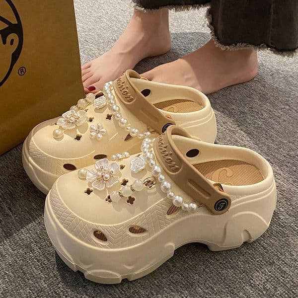 Pearl Chain Chunky Platform Sandals for Women 2024 Summer Thick Sole Beach Sandals Woman Flowers Non Slip EVA Clogs Garden Shoes 260617