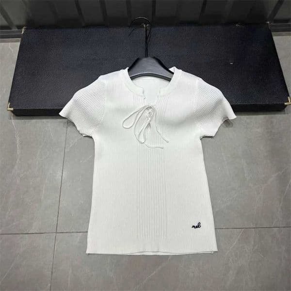 Designer's high-quality clothing Sweet Spicy Girl Knitted Short-Sleeve T-Shirt with Bow Tie Korean Style Unique and Beautiful Top for Women in Spring