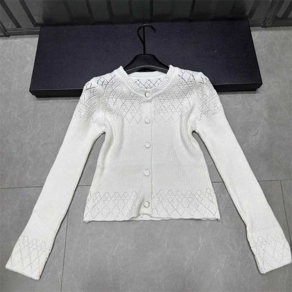 Designer's high-quality clothing Autumn New Style Buttoned Diamond Pattern Hollow Knit Long Sleeve Single-Breasted Cardigan Loose Versatile Top