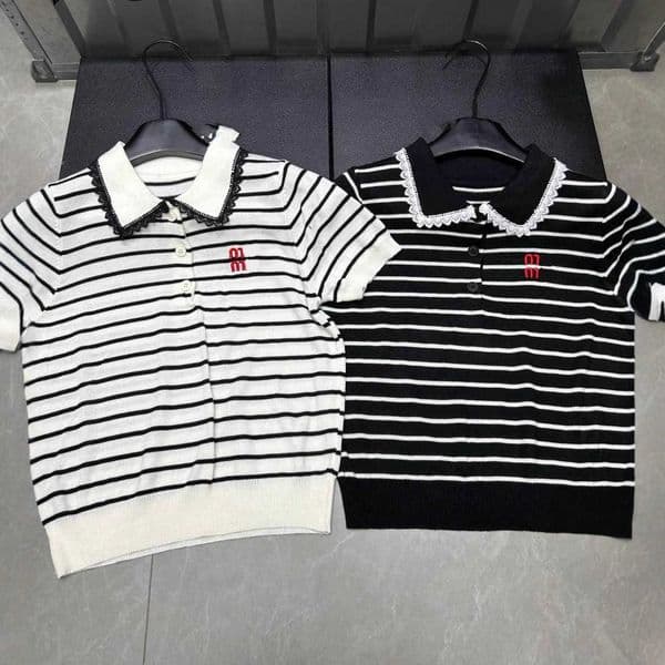Designer's high-quality clothing New Fall NN Letter Print Collar Lace Trim Striped Knit Short Sleeve Pullover Loose Versatile Womens Top