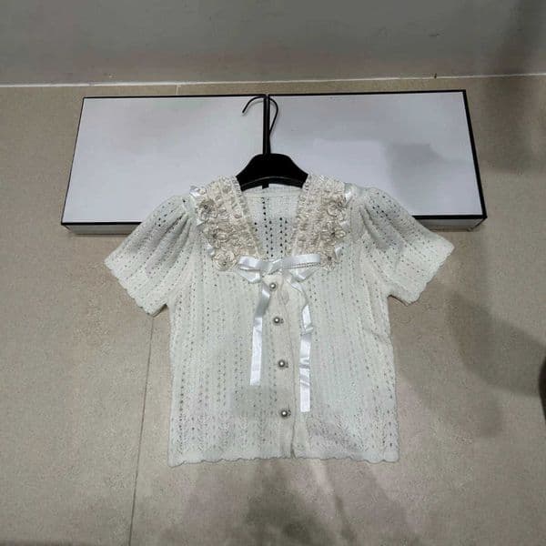 Designer's high-quality clothing Trendy knitted lace bow short-sleeve single-breasted cardigan hollow-out loose versatile top new summer style