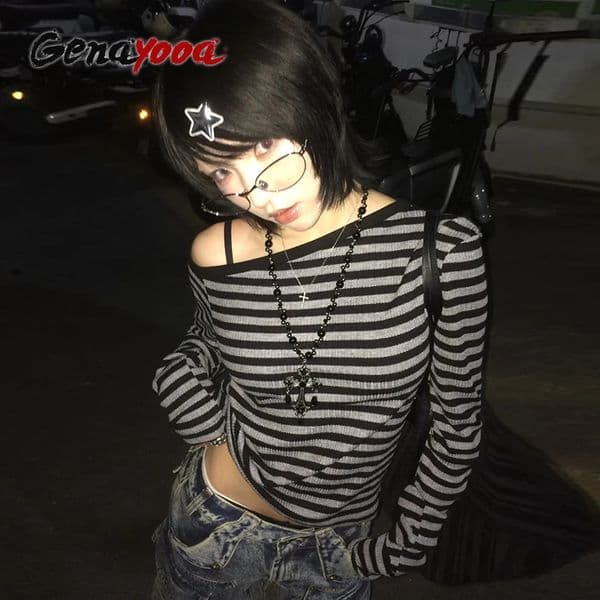 Genayooa Japanese Y2k T-shirt Women Long Sleeve Off Shoulder Striped Crop Tops Y2k Grunge 2000s Aesthetic Streetwear T Shirts 260618