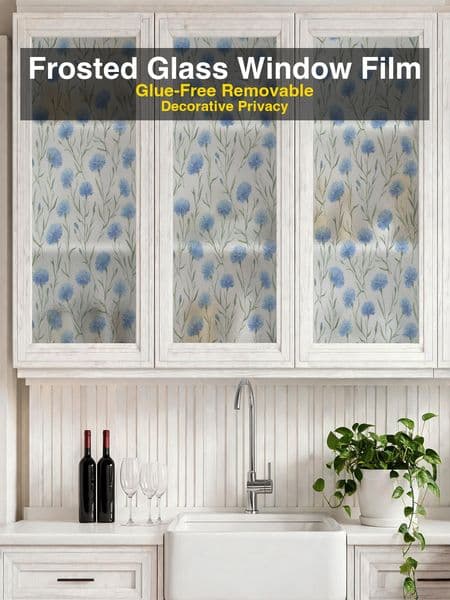 Water Ripple Static Cling Window Film, Blue Cornflower Floral Pattern Glue Free Reusable Privacy Decor Glass Sticker for Kitchen Bathroom Door Cabinet