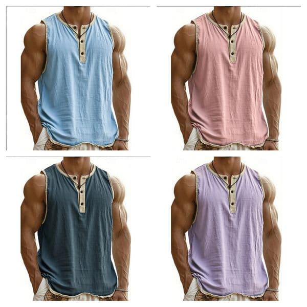 Men 3 Buttons Sleeveless Fitness Tank Top Solid Color Quick Dry Breathable Summer Running Training Workout Vest