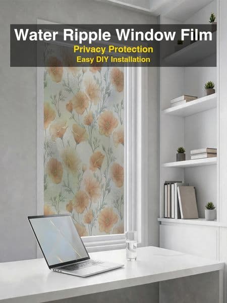 Water Ripple Static Cling Window Film, Orange Poppy Floral Glue Free Reusable Privacy Decor Glass Sticker for Kitchen Bathroom Entry Door Cabinet