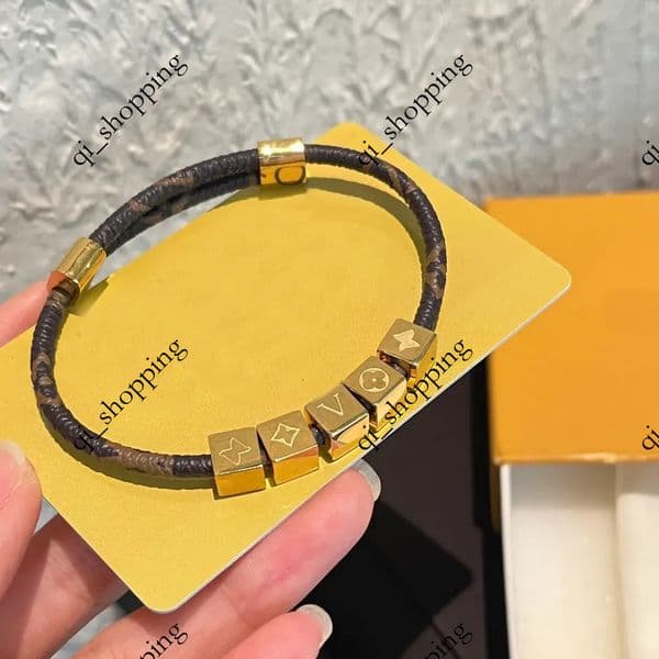 Gold Toned Beaded Leather Bracelet With Patterned Cubes Delicate Daily Fashionable Jewelry Gift For Her High Quality And Trendy Accessory