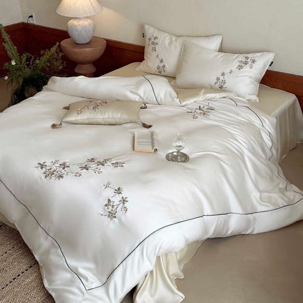 600TC Luxury Lyocell Eucalyptus Fiber Flowers Embroidery Bedding Set Soft Silky Duvet Cover Flat/Fitted Bed Sheet cases D260621