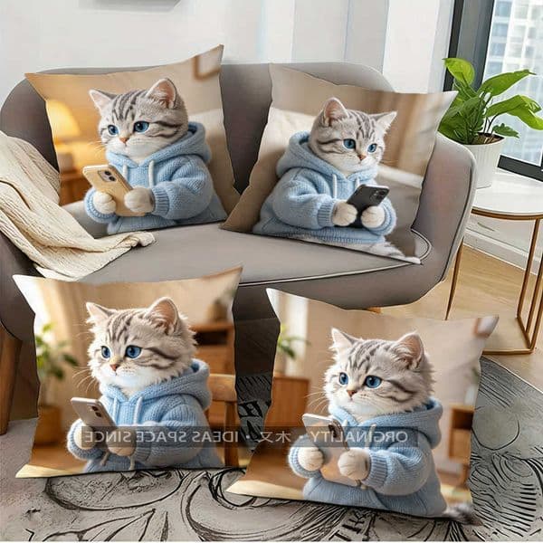 Pillow Case Hoodie Cute Cat Playing Phone Throw Case Pattern Cushion Cover Suitable for Sofa Bedroom Car Cover D260622