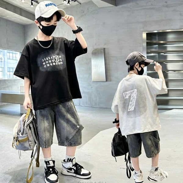 Boys Summer Top and Bottom Set Cotton T-shirt And Denim Shorts 2 Pieces Suit Kids Casual Clothing Set 5-14 C260621