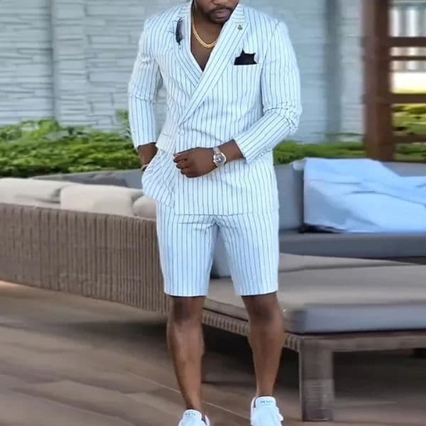 Mens Clothing Summer Fashion Vertical Stripes Lapel Male Jacket Business Casual Wedding 2 Piece Blazer and Shorts 260617