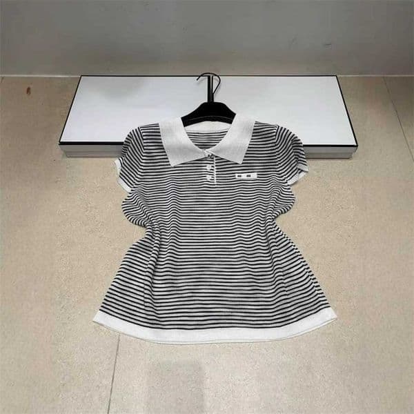 Designer's high-quality clothing Summer New Knitted M Letter Striped Turn-down Collar Short Sleeve Pullover Loose Versatile Womens Top Trendy ItemIMQA