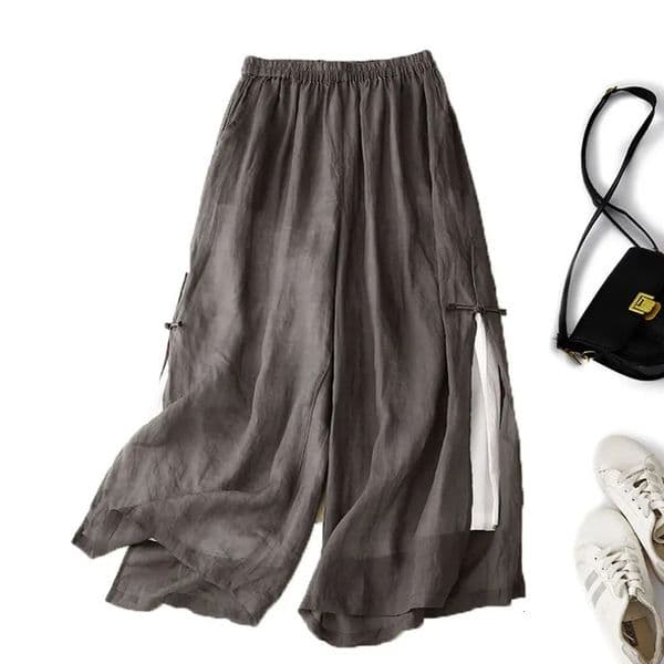 Gray Cotton Linen Casual Elastic High Waist With Lining Womens Pants Wide Leg AnkleLength For Women Clothing Fashion 260616