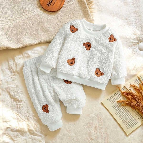 Unisex 2025 Baby Boys Girls 2Pcs Autumn Winter Thicken Long Sleeve Warm Fleece Cute Bear Casual Clothing Sets For 1-3Y C260622