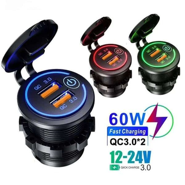 Quick Charge 3.0 Dual USB Fast Car Charger Waterproof 12V/24V QC3.0 Power Outlet with Touch Switch&Led Light