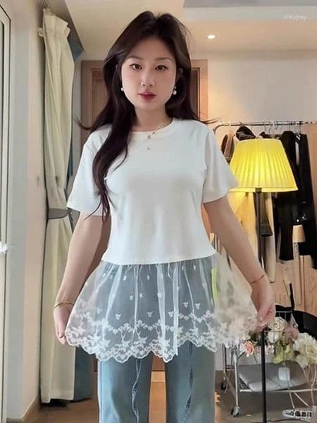 Shirt Plus Size Women's Round Ne Lace Me Splice Ort Sve T-irt Loose Summer Top Versatile Inner Wear Commute Sle