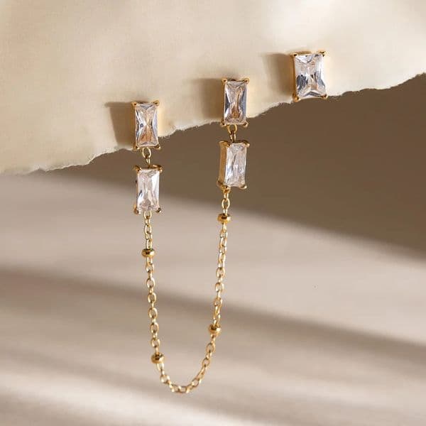 Charm Small Square CZ Zircon Drop Earrings with Stainless Steel Chain Geometric Crystal Tassel Ear Stud Waterproof Trend Jewelry 260623