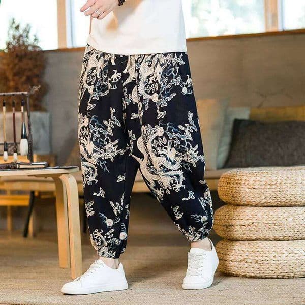Spring/Summer Chinese Style Printed Ankle-Length Haren Pants for Men,Multi Color Thin Elastic Waist Men's Casual Beach Trousers W260624