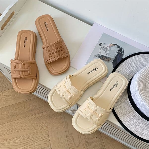 Women Double T Metal Buckle Slide Sandals Open Toe Flat Leather Slippers Multi Colors Daily Outdoor Walking Shoes