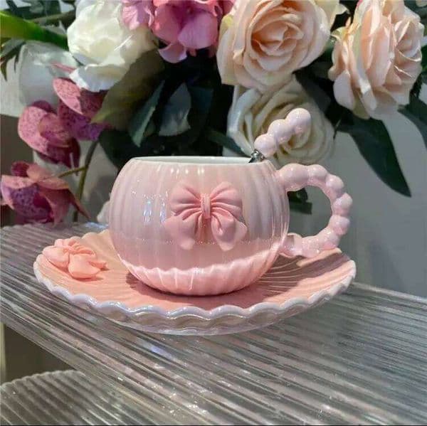 French Pink Bow Cup,Light Luxury Coffee Cup, High-end Exquisite High Aesthetic Design Ceramic Set, 26L0626