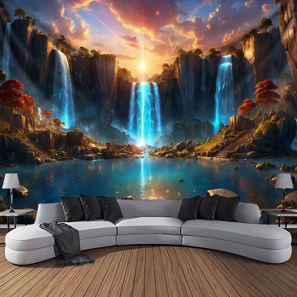 Luxury Designer Decor Pc Landscape Theme Waterfall Canyon Tapestry, Ultra Large Polyester gift set Wall Hanging For Living Room Bedroom Office, Indoor Use Deco 66