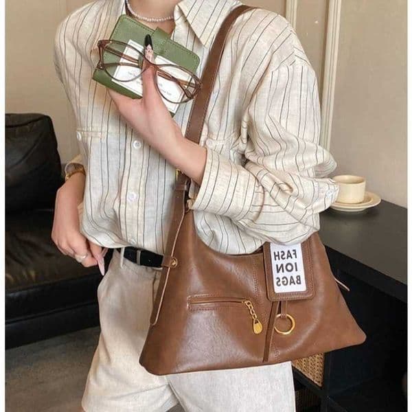 Leather Womens Vintage Hobo Faux Shoulder Bag with Tag Detail Adjustable Strap Casual Style for Daily Errands Weekend Outings H260629