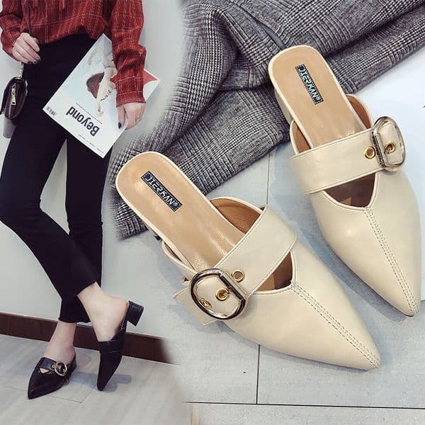Studs Metal buckle band slippers women cover toe rivets slides flipflops sandals women shoes chunky heels pointed toe mules 2020