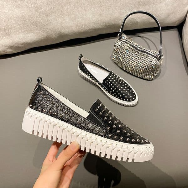 black/white genuine leather rivets platform shoes woman round toe slip on loafers height increasing espadrilles women m 8289