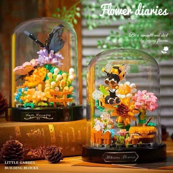 Bee butterfly flower bonsai building block insect plant pottery model brick with dust cover desktop decoration DIY toys childrens gifts W250102