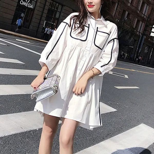Autumn Womens A-Line Polo Neck Contrast Color Splicing Wrinkle Button Fashion Sweet Loose Long Sleeve Shirt Dress 240902