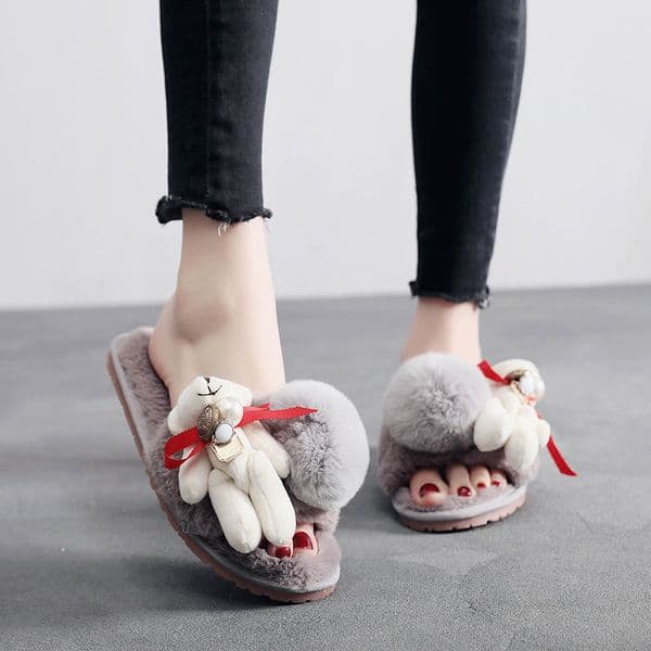 cute riband bear slipper women rabbit fur ball decoration flip ps female cozy furry indoor shoes chaussons femme b373