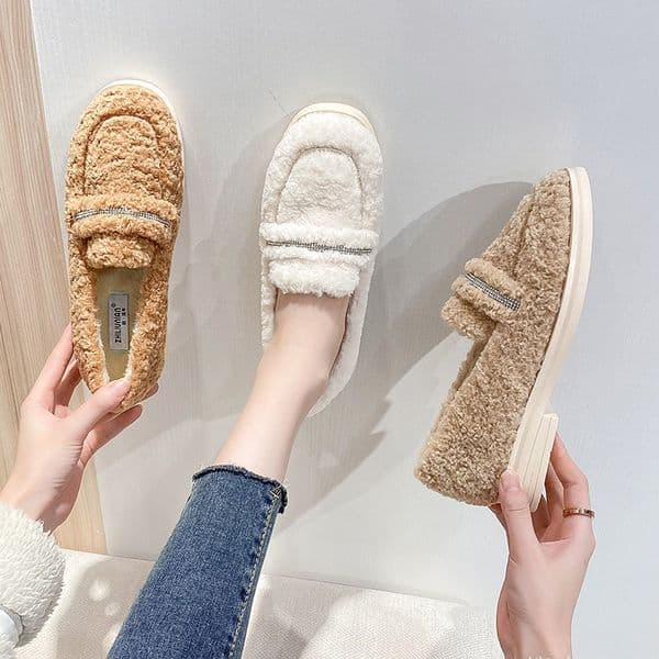 Crystal lambswool flats woman warm plush loafers fleeces moccasins thick heels winter fur shoes women 2025 big si 29c4
