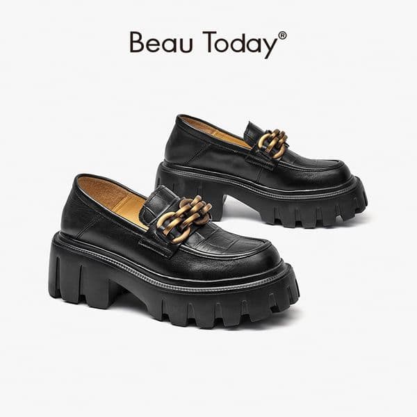 Pumps BeauToday Loafers Women Round Toe Hoof Heels Metal Chain Decoration Slip On Platform Spring Autumn Ladies Shoes 26553 2764
