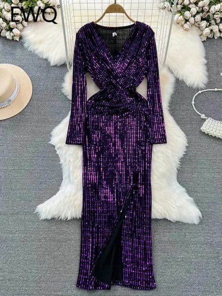 EWQ Elegant and Fashionable Y2K Womens Dress Long Sleeve V-neck Split style Glitter Patch Work Hip Warp Dress Autumn Style 27SN4337 240902