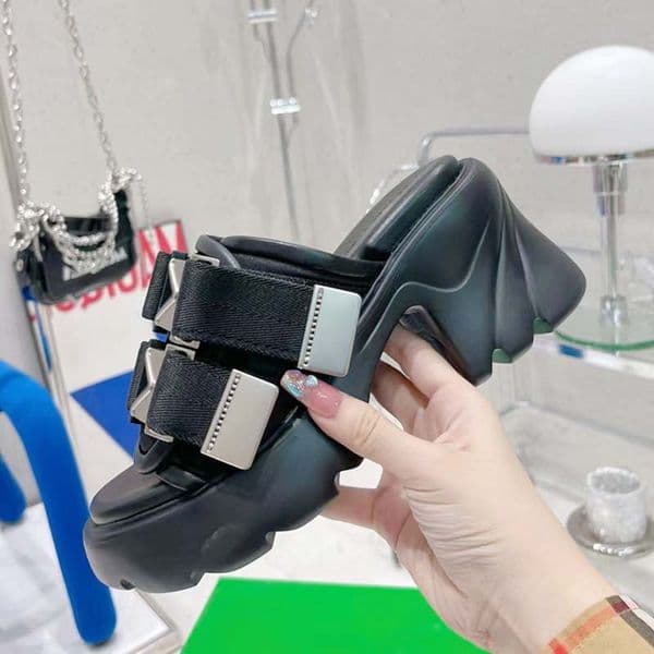 New 2022 Flat Nylon Metal Buckle Strap Mules Thick Sole Slides Platform Shoes Women Summer Slippers Woman