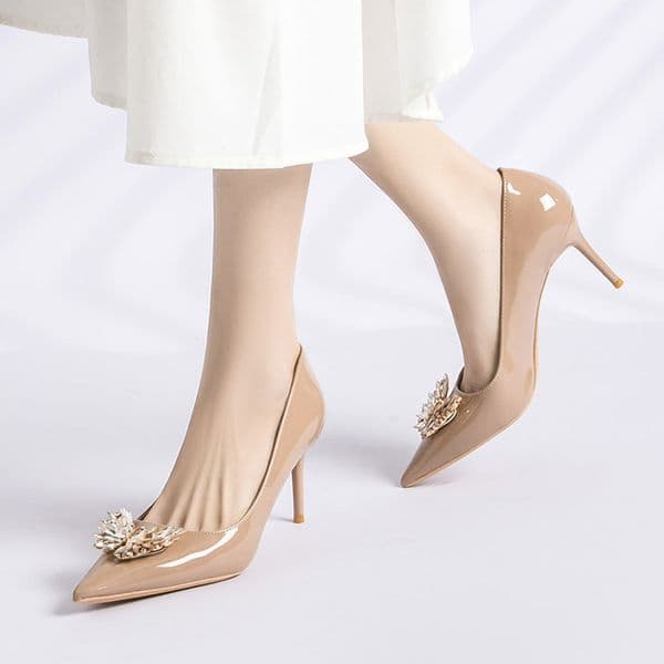 Crystal Butterfly Charm Stilettos High Heel Shoes Ladies Nude Leather Pumps Woman Party Bridal Wedding Shoes Pointed Toe Tacones
