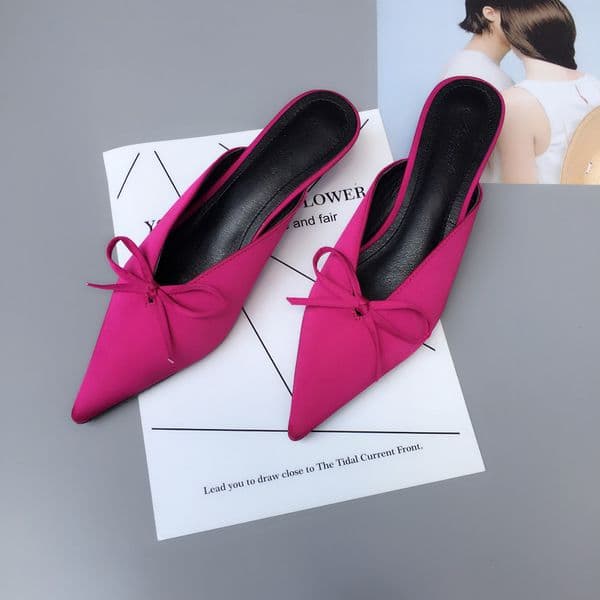 European Cat heels slides femme sexy pointy bow silk mules women shoes ladies modern all match slippers shallow loafers 001c