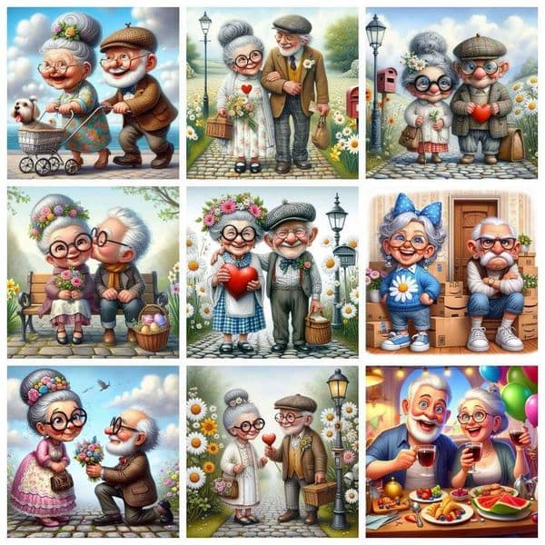 Cartoon Happy Old Couple 5D Full Round Diamond Painting Kits Cute Grandma And Grandpa DIY Drills Mosaic Embroidery Cross-stitchXJ240816