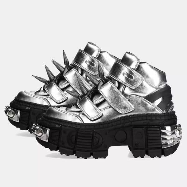 Comfortable Silvery men Shoes Punk Style Lace-up Heel Height 6CM Platform Shoes Woman Gothic Ankle Rock Boots Metal Decor Woman Sneakers