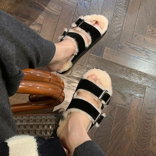 2023 Classic Women Fur Slides Shoes Winter Fleece Wool Pantuflas Mujer Nubuck Cow Leather Slippers Ladies Buckle Belt Flip Flops