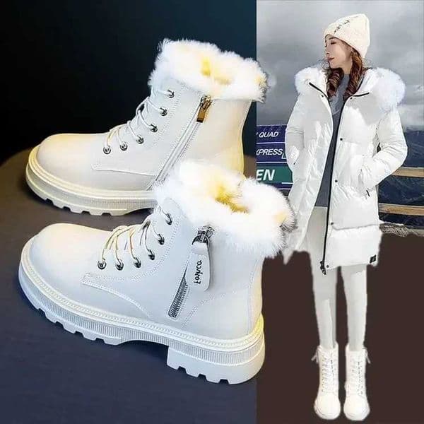 Snow Boots Plush Warm Medium Boots Womens Black and White Winter Thickened Warm Snow Flat Shoes Zapatos Mujer 2024 W251128