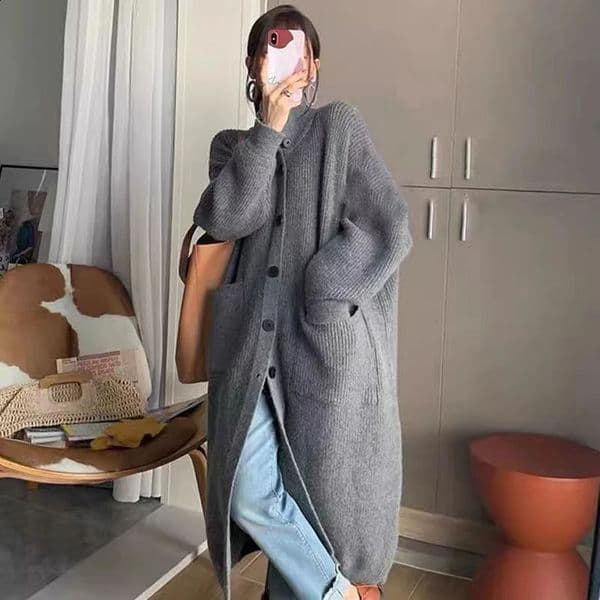 High Neck Sweater Single Breasted Solid Long Sleeve Knit Cardigan Coat Women Clothing Autumn Winter Casual Vintage Loose 240904