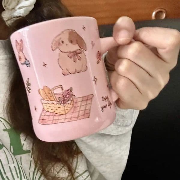 300ml Butterfly Rabbit Ceramic Cup Pink Cute Breakfast Coffee Heat resistant Home Water Holiday Gift Birthday 240903