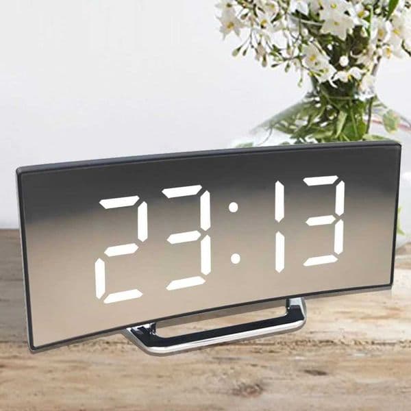 Led Alarm Clock Digital Children Electronic Alarm Clocks Curved Screen Mirror Temperature Clock with Snooze Function Desk Clock Y240904