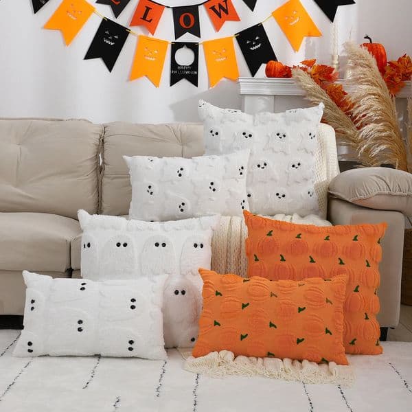 1 Halloween Knitted Throwing Pillow Case Traditional Style 100% Polyester Hand Wash Only Geometric Ghost and Pumpkin Embroidery 240905