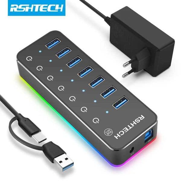 RSHTECH 5Gbps USB hub with 14 RGB lighting mode 20W power adapter USB 3.0 data center splitter for Mac and PC CL240905