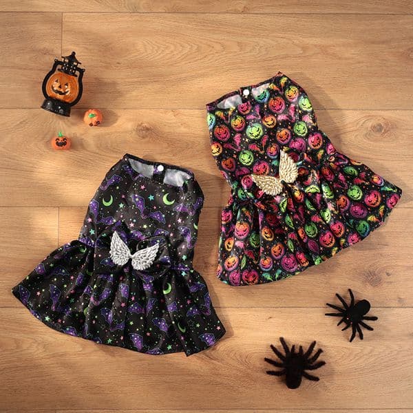 2025 new Halloween Puppy Dress Small Dog Colorful Pumpkin Ghost Bat Cat Costumes Golden Angel Wings Pet Clothing For Kitten Chihuahua Yorkie